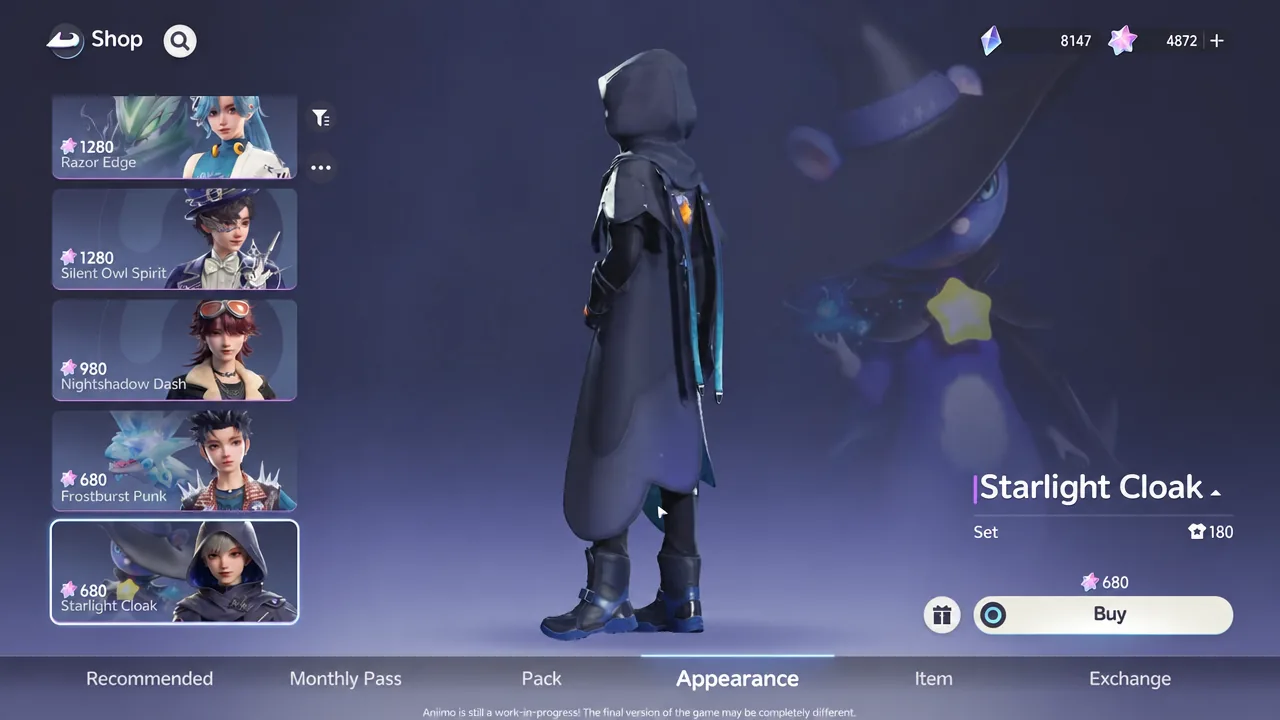 Starlight Cloak item selected in the shop Appearance tab with its Buy button
