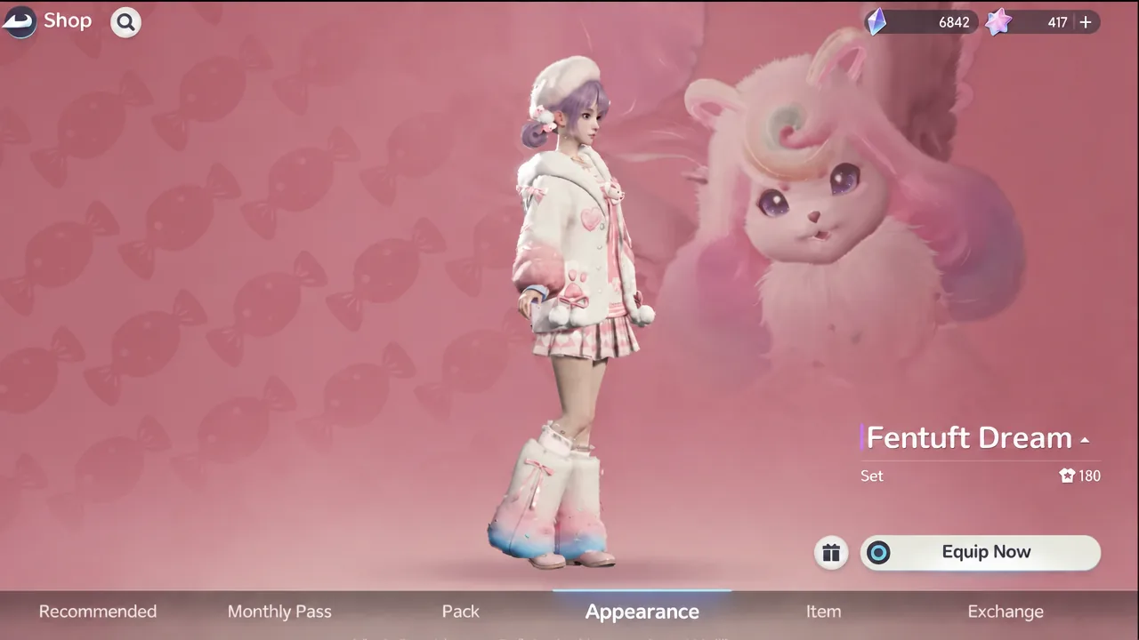 Fentuft Dream set shown in the Appearance tab with an Equip Now button
