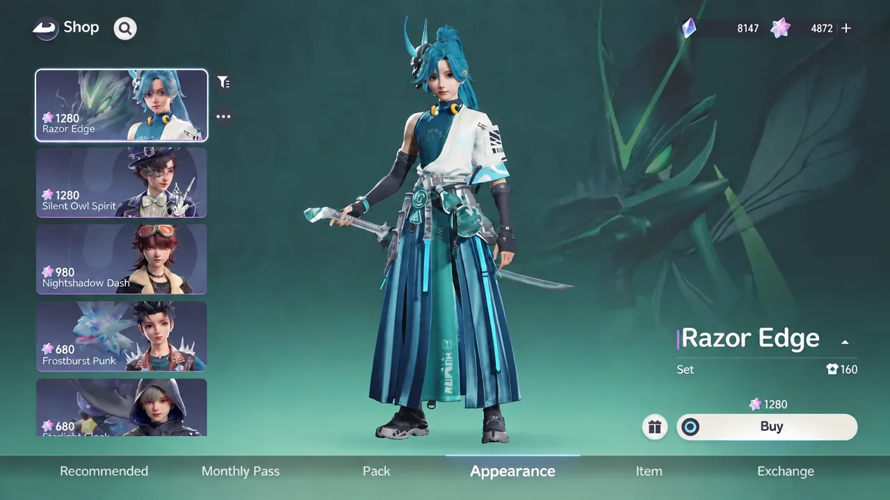Razor Edge outfit selected in the Appearance tab with a preview and Buy button