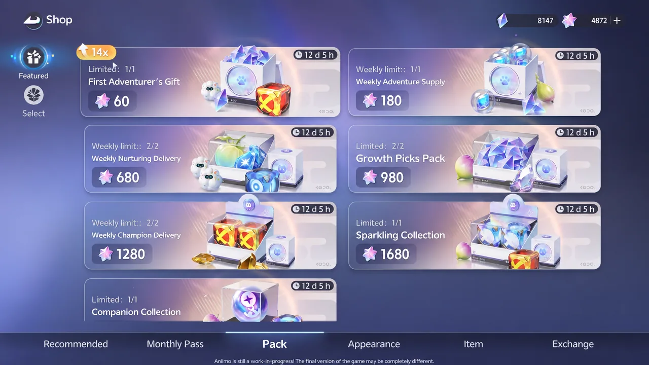 Aniimo shop menu open on the Pack tab showing bundled cosmetic offers