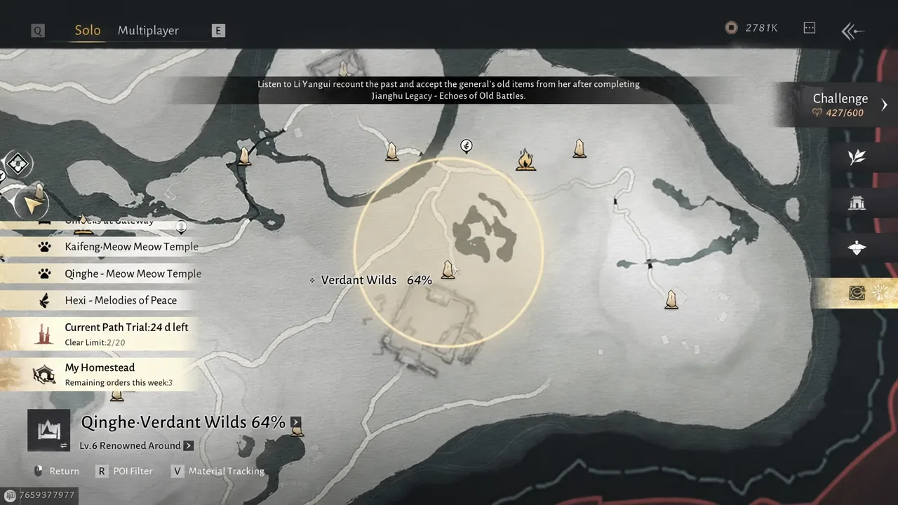 Qinghe map screen open on the Verdant Wilds region with its exploration progress shown