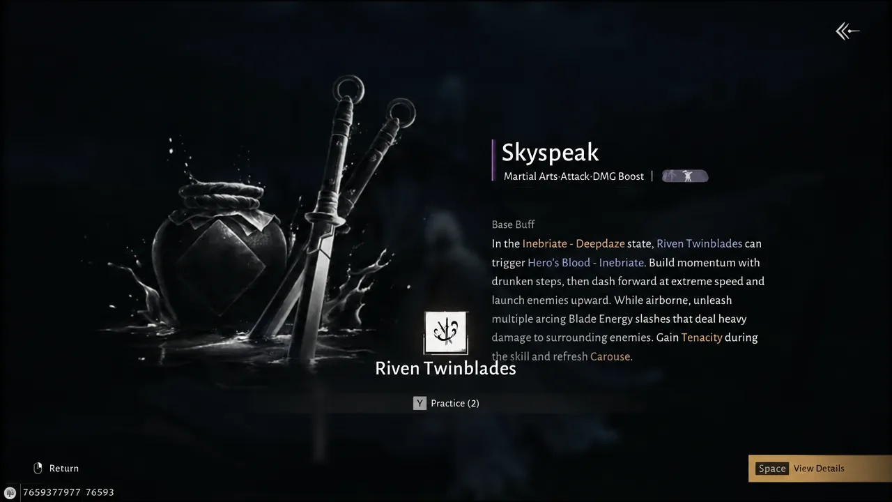 Martial arts detail screen with Riven Twinblades selected and the View Details prompt available