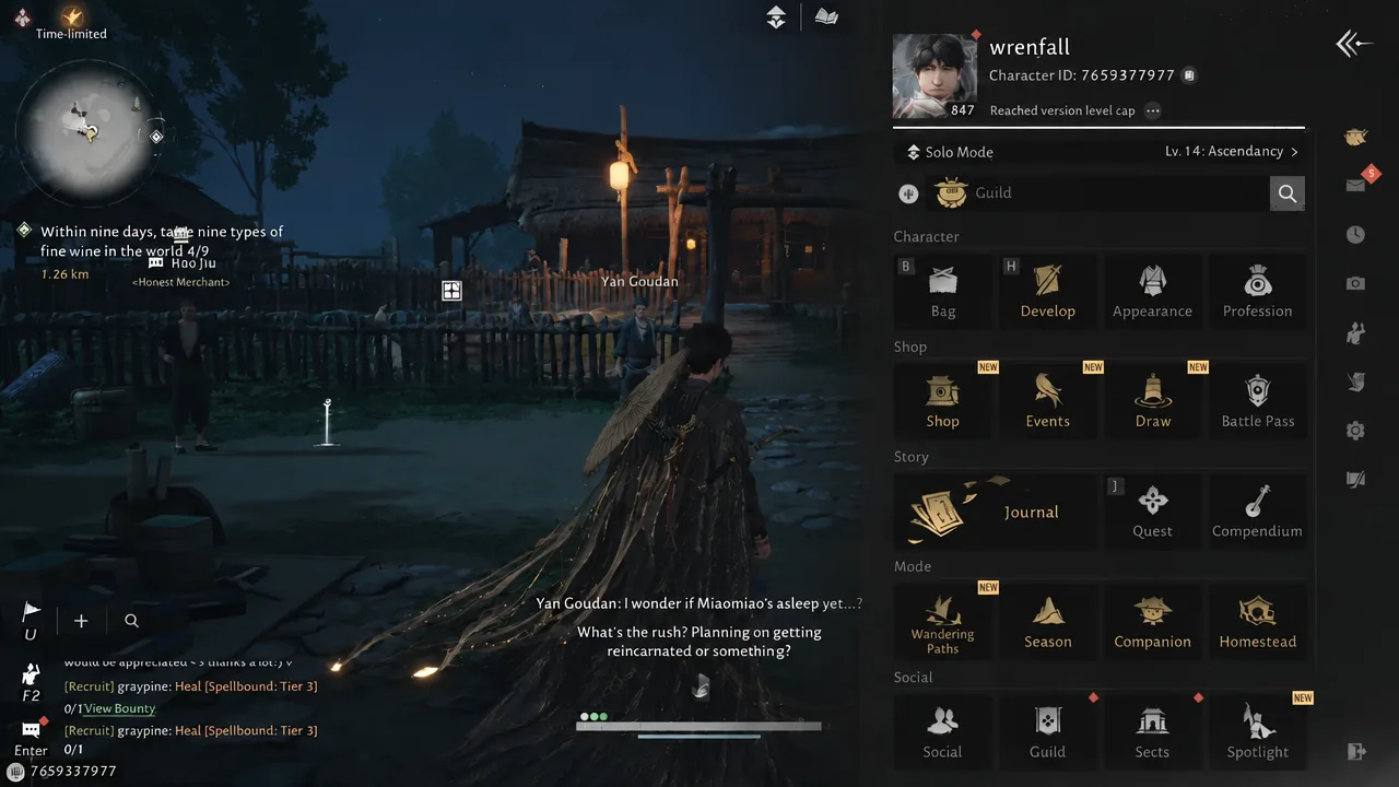 Character menu with the Develop button highlighted, the entry point for the Martial Arts list