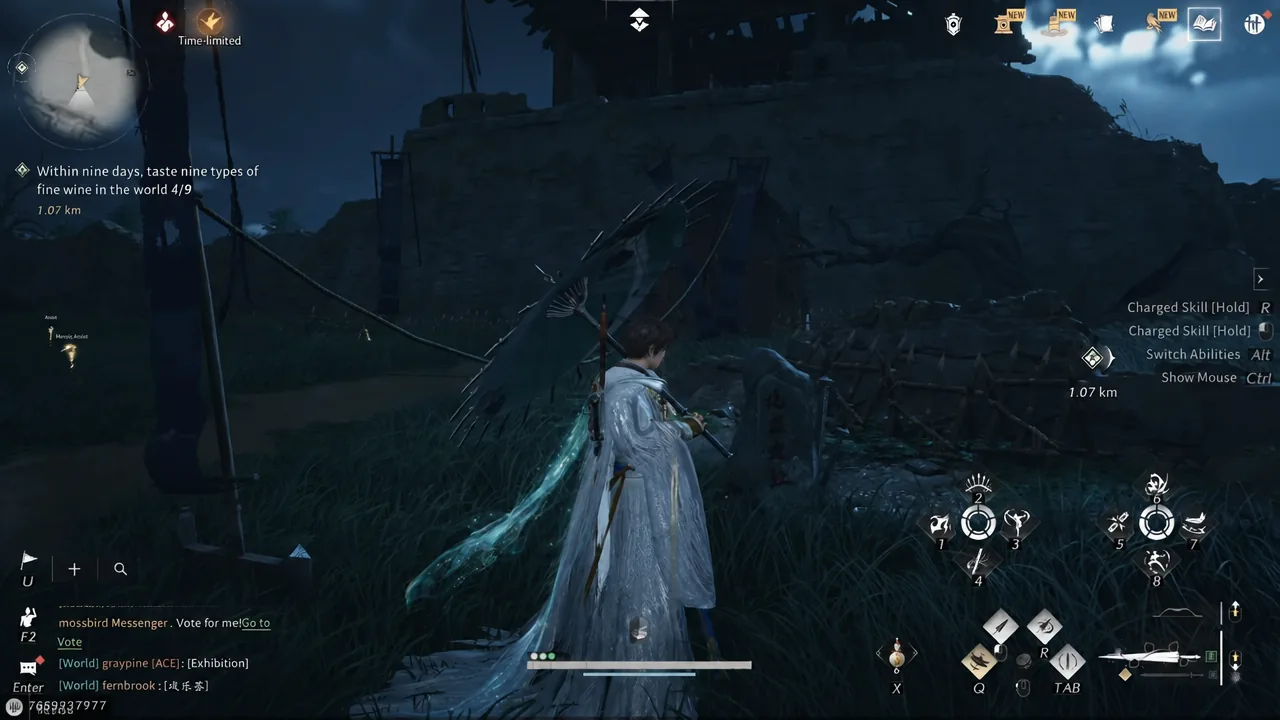 Gameplay HUD with an active quest tracker while walking the path away from the Boundary Stone