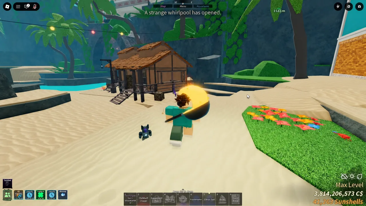 Swimming toward a hut on the festival island as a whirlpool notification appears on screen