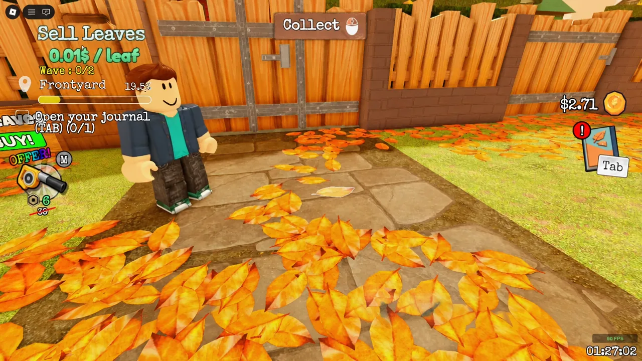 Player collecting Front Yard leaves with the Collect button shown on the Sell Leaves screen