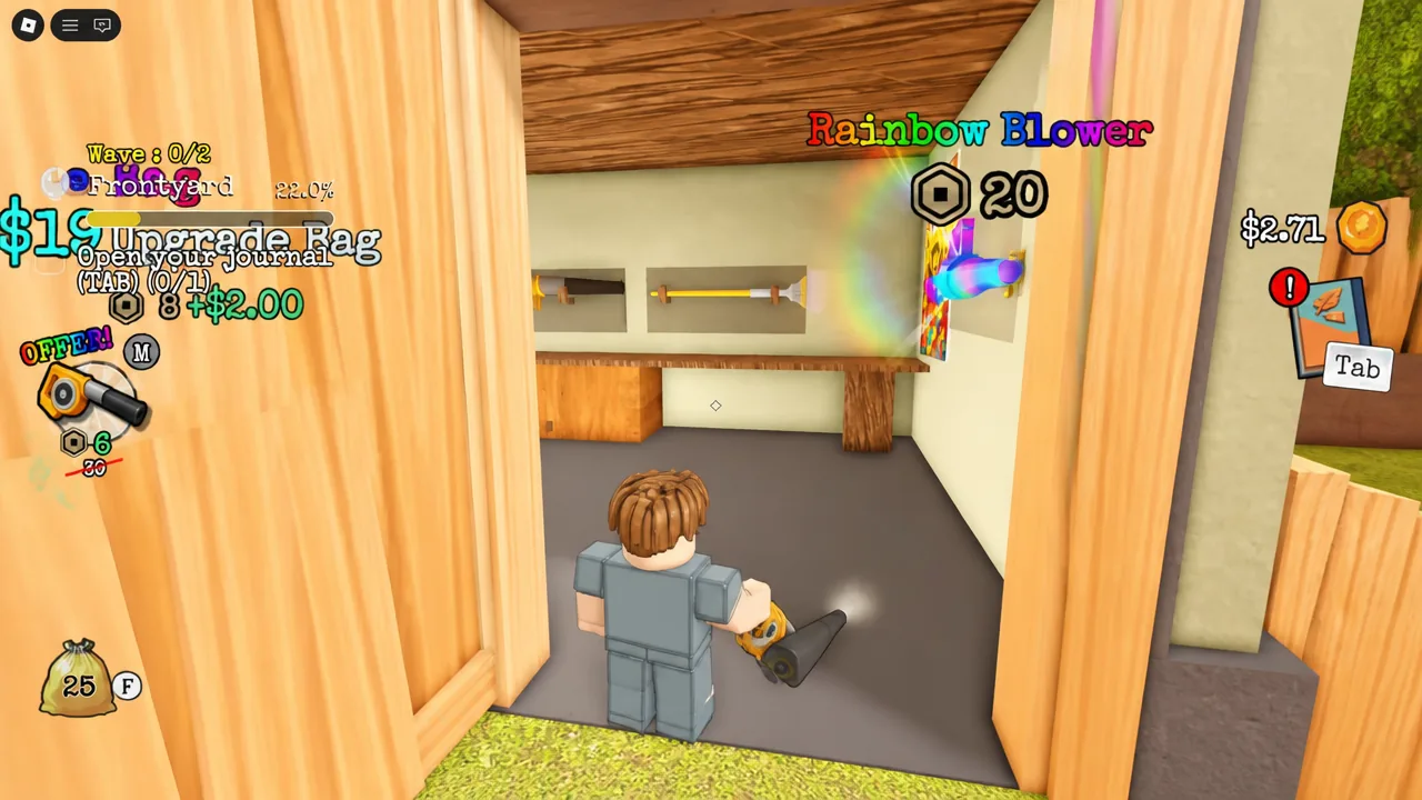 Inside the tool shed showing the Rainbow Blower item and other purchasable upgrades