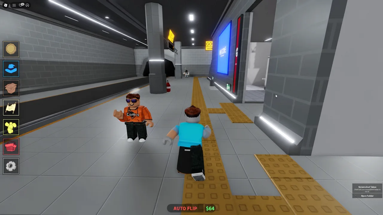 Avatar crossing a subway platform toward another player with Auto Flip active