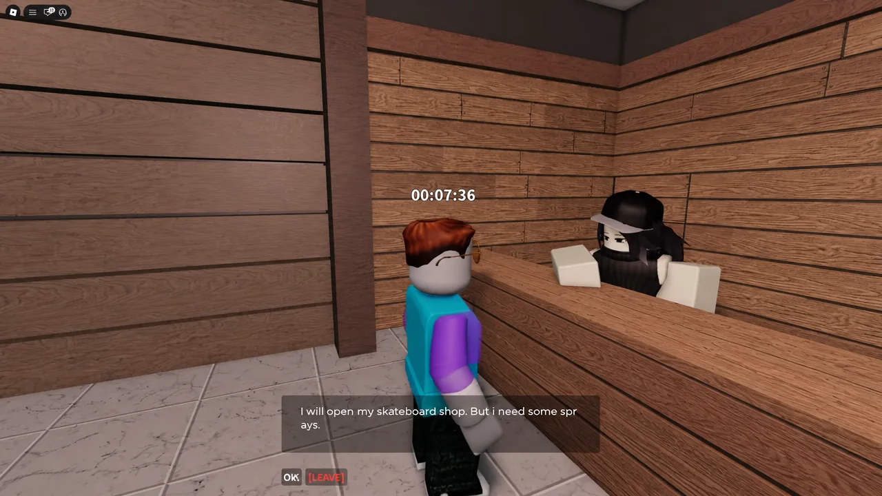 Shopkeeper dialogue box in the Skateboard Shop with the LEAVE button highlighted