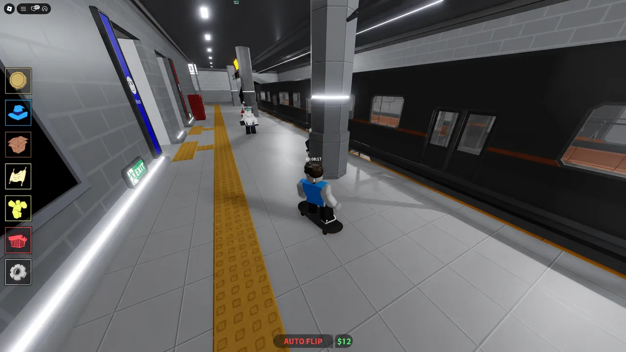 Character riding the skateboard through the subway station with Auto Flip running