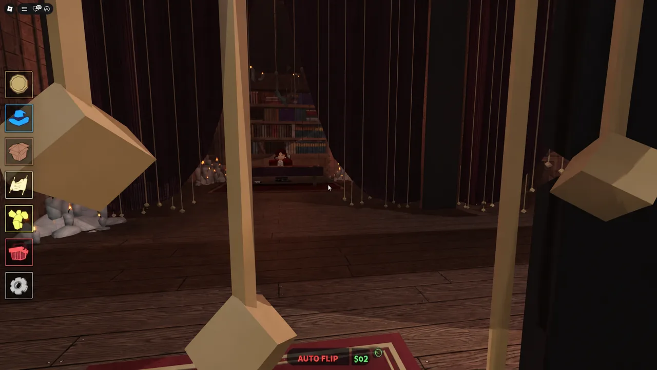 Player standing at a candlelit shop counter with the left toolbar button selected and Auto Flip running