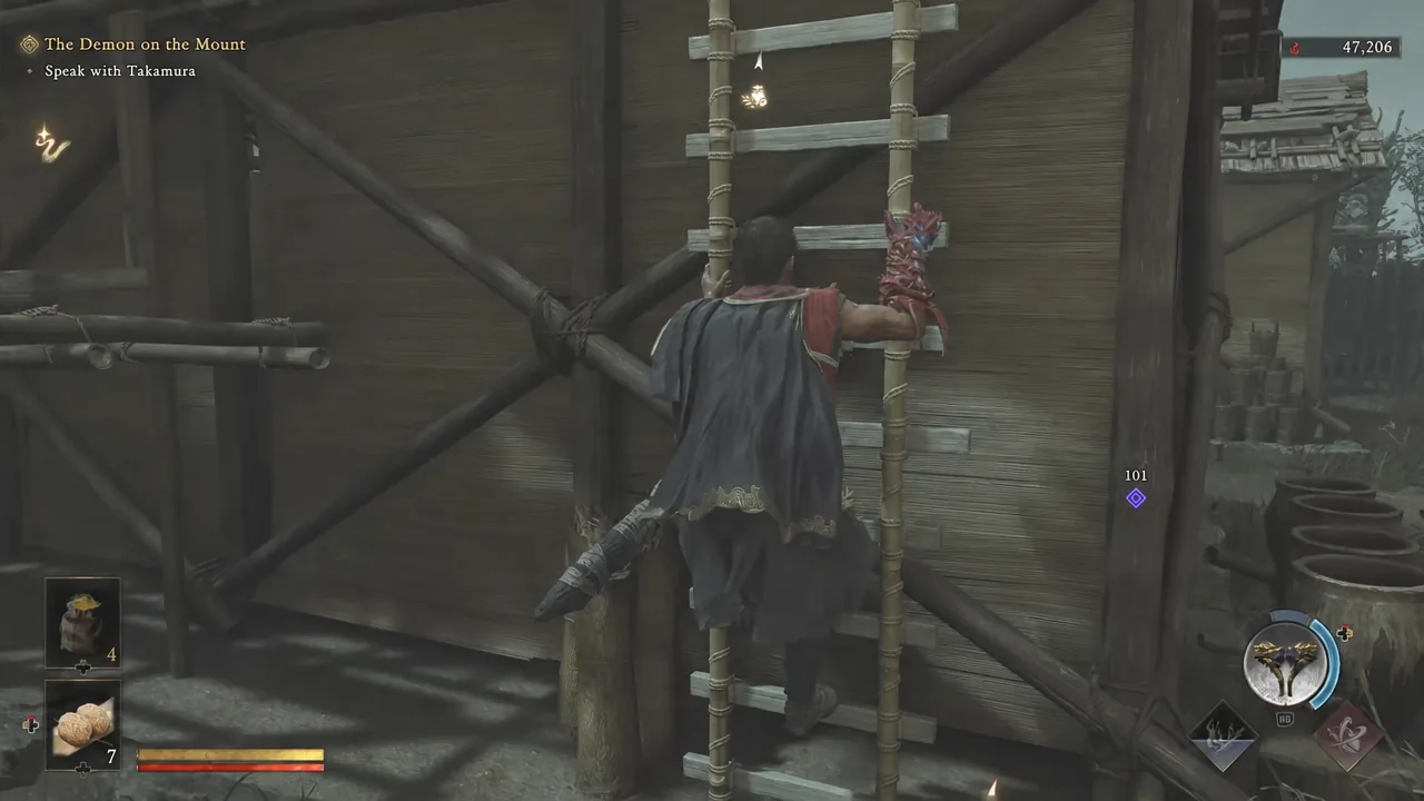Musashi climbing a wooden ladder up to the village rooftops during The Demon on the Mount