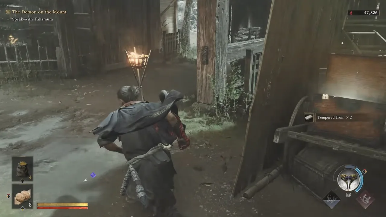 Pickup notification for Tempered Iron x2 appears after looting a container in the village