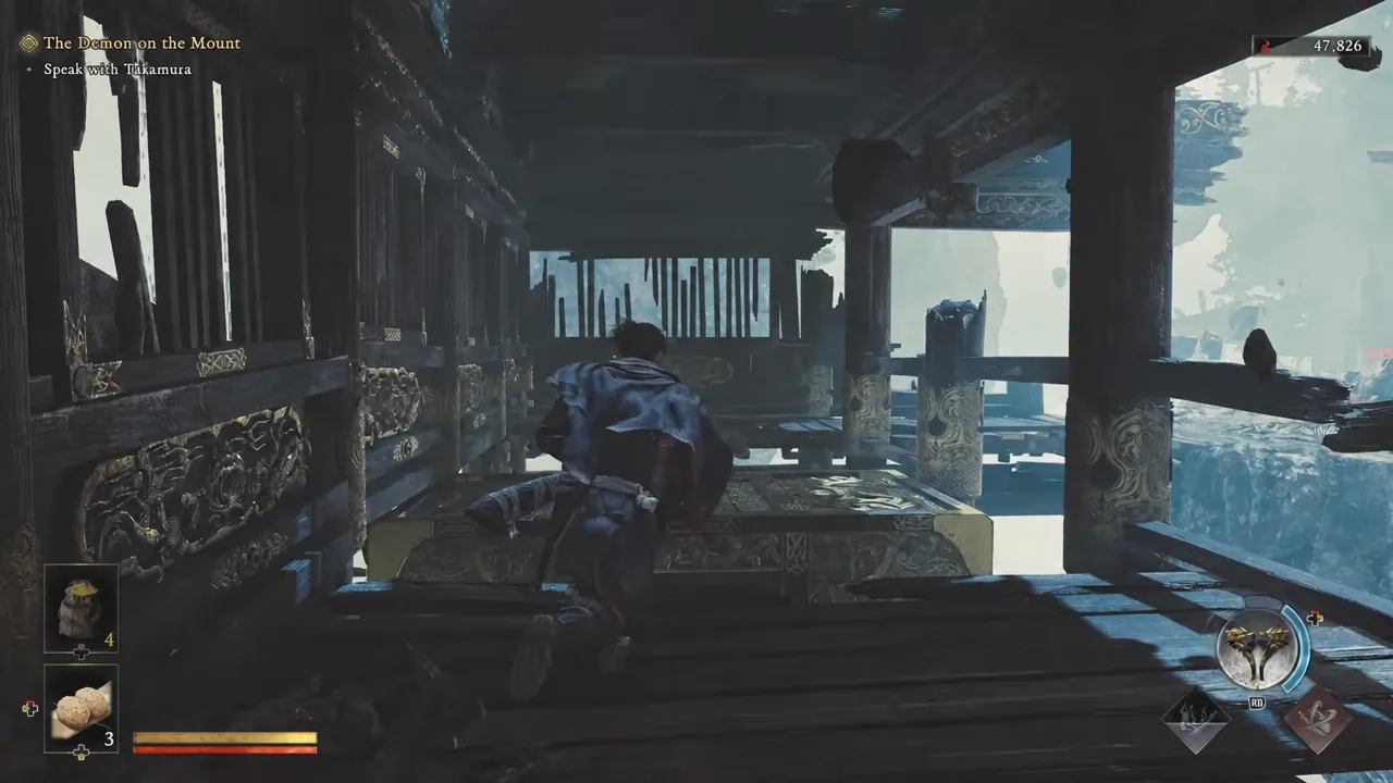Musashi climbs over an ornate railing on the aligned platforms leading to the Oni Stone