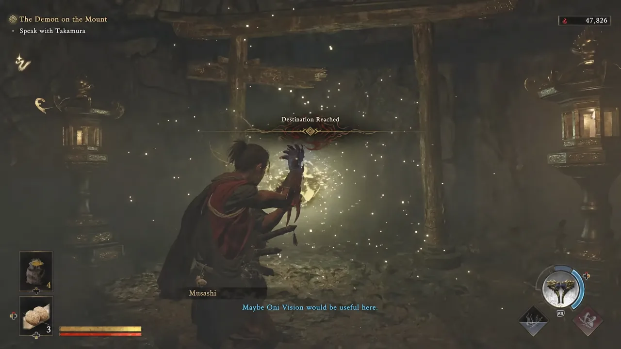 Destination Reached message appears on screen as Musashi arrives at the Oni Portal location