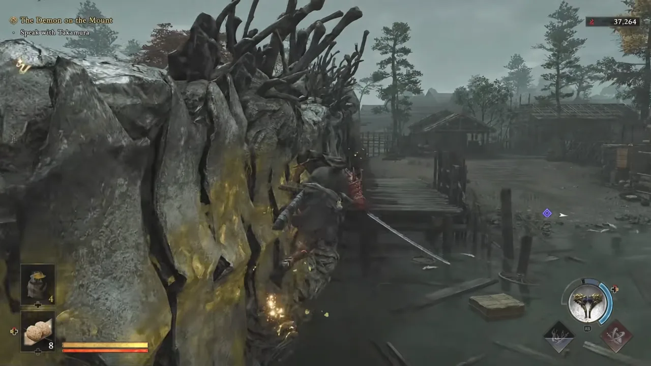 Musashi moves along a cliffside path with The Demon on the Mount objective active on the HUD