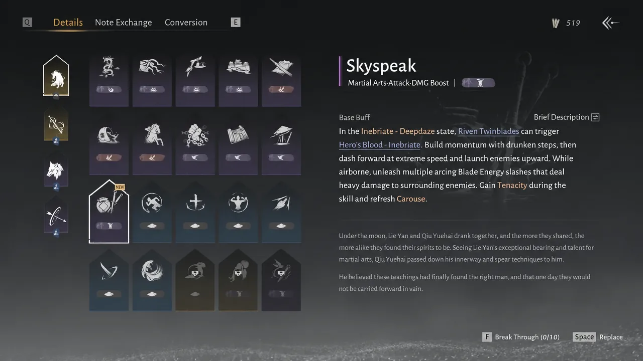 Skill details panel showing the Skyspeak card and its damage boost description