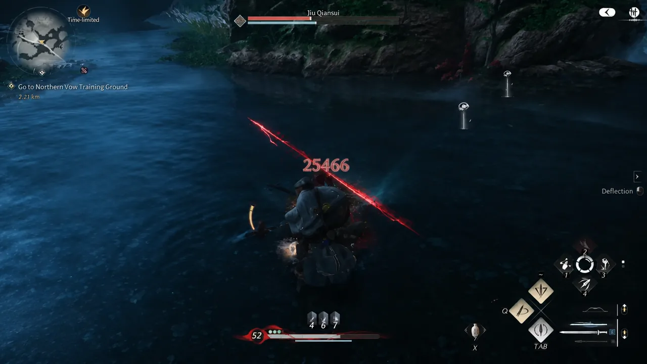 Combat screen showing the Deflection prompt as the player parries Jiu Qiansui's attack
