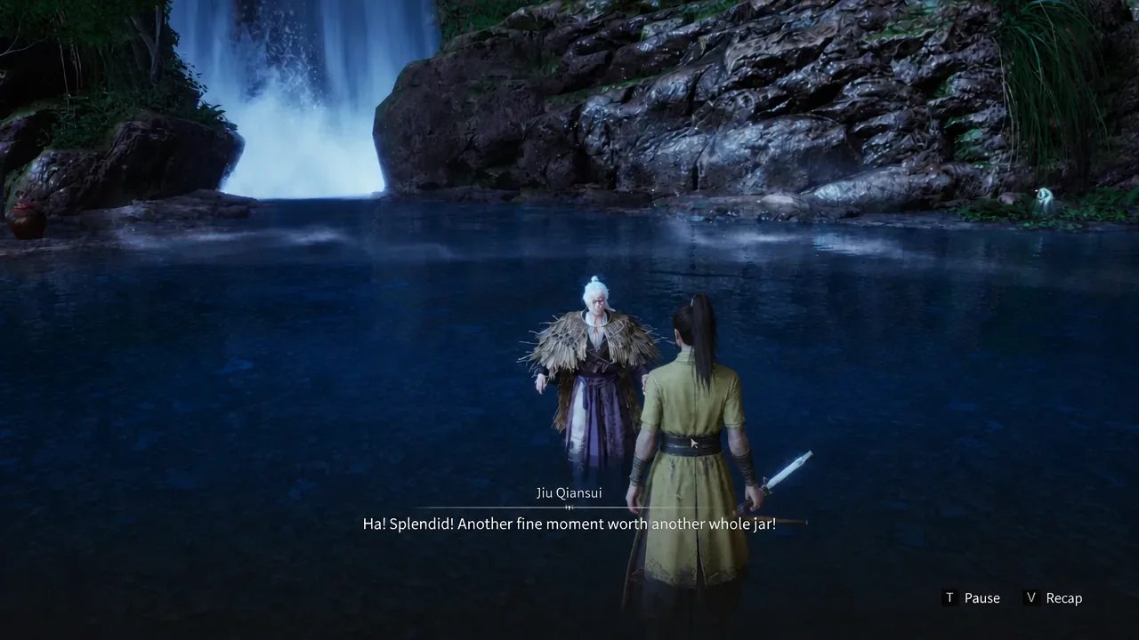 Post-duel dialogue with Jiu Qiansui praising the fight, with subtitles on screen