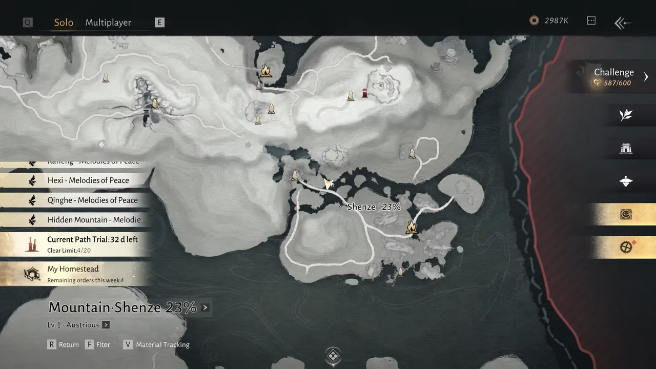 Hidden Mountain map view showing region completion percentages and the Current Path Trial timer