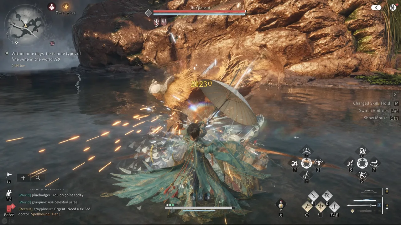 Damage number of 20230 popping off Jiu Qiansui during the duel
