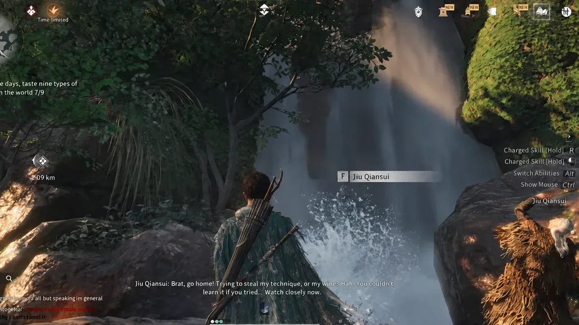 Talk prompt for Jiu Qiansui appears as the player approaches him by the water