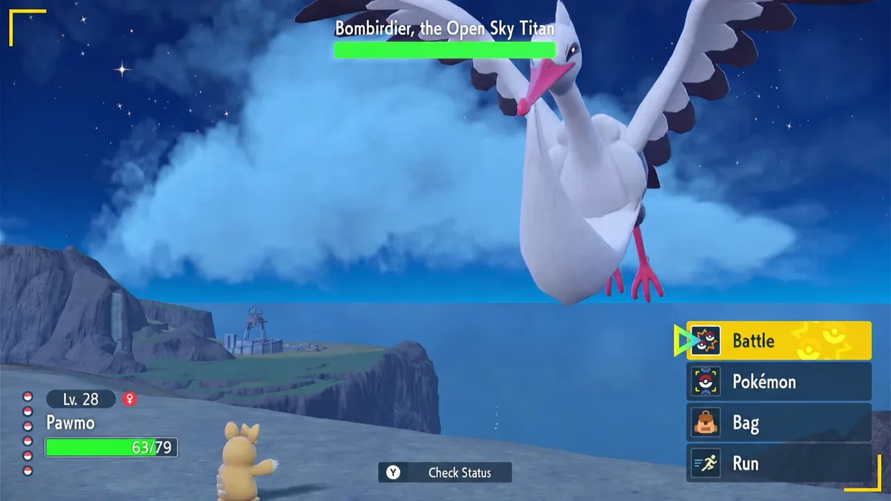 Battle menu open against Bombirdier, the Open Sky Titan, with Battle highlighted