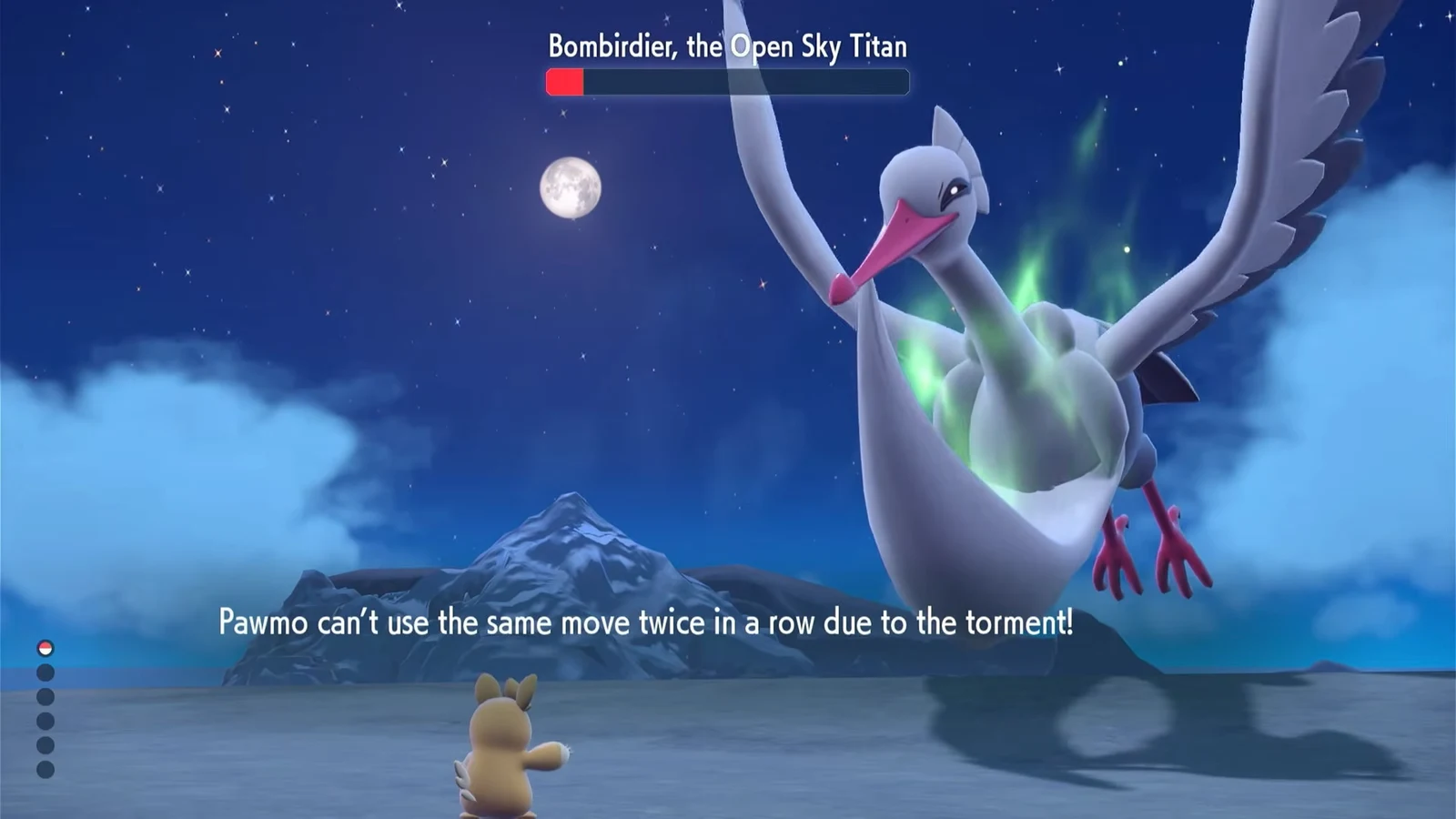 Bombirdier's health bar during battle alongside a warning that Pawmo's move is restricted