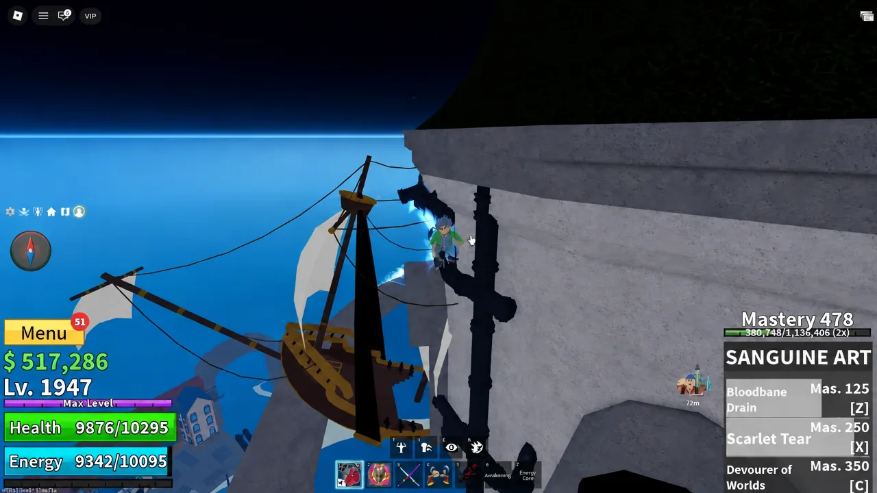 Player moving along the freed ship's hull beside the fountain wall