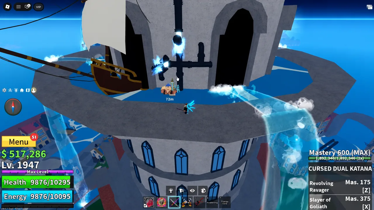 Player striking the pipework with the Cursed Dual Katana equipped in hotbar slot three