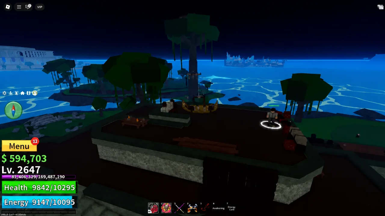 Player character standing on a raised wooden platform on Jungle Island with the game HUD on screen