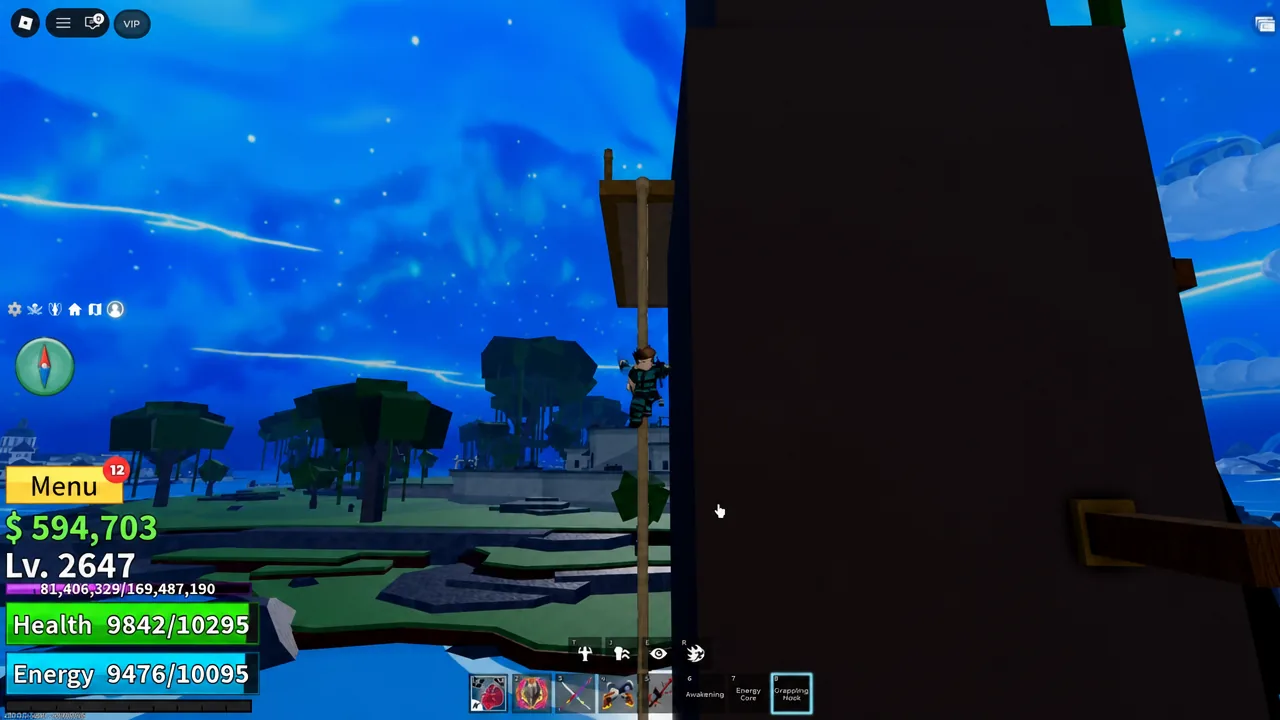 Player climbing the tower ladder with the Grappling Hook highlighted in the hotbar