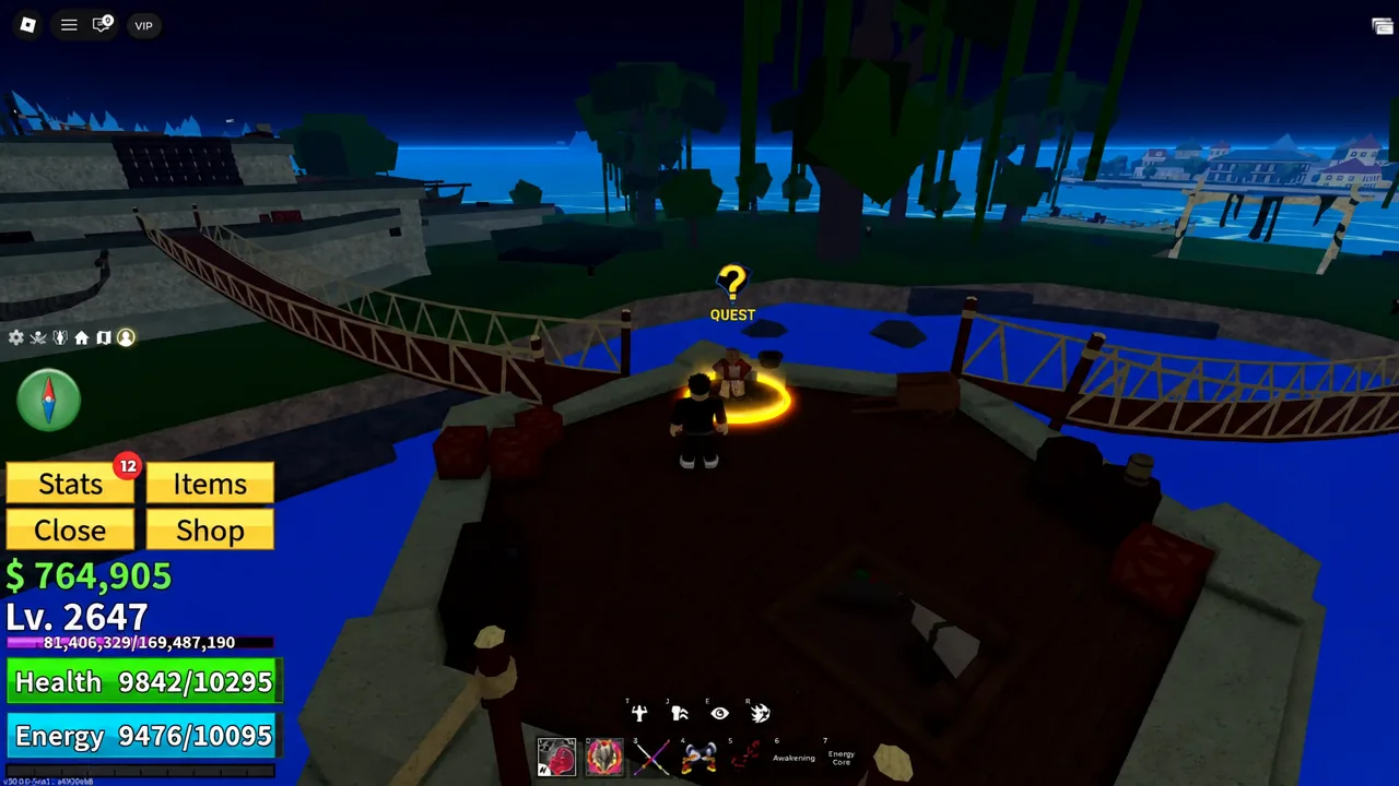 The Adventurer quest NPC on Jungle Island marked with a yellow quest indicator as the player walks up