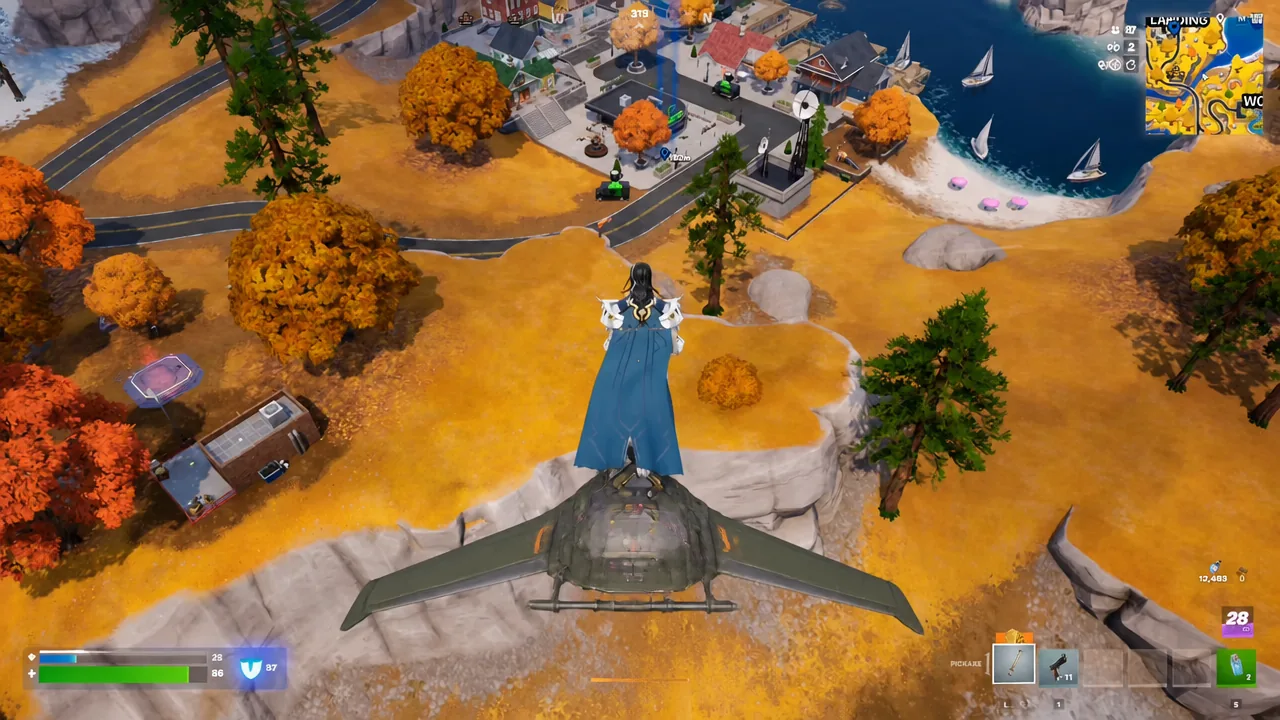 Player gliding down toward the island during the descent from the Battle Bus