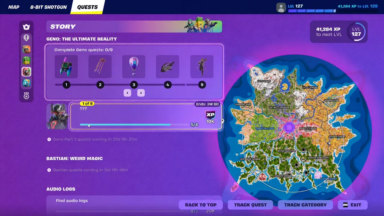 Quests screen showing the first Geno story quest at 5 of 6 eliminations with its map marker