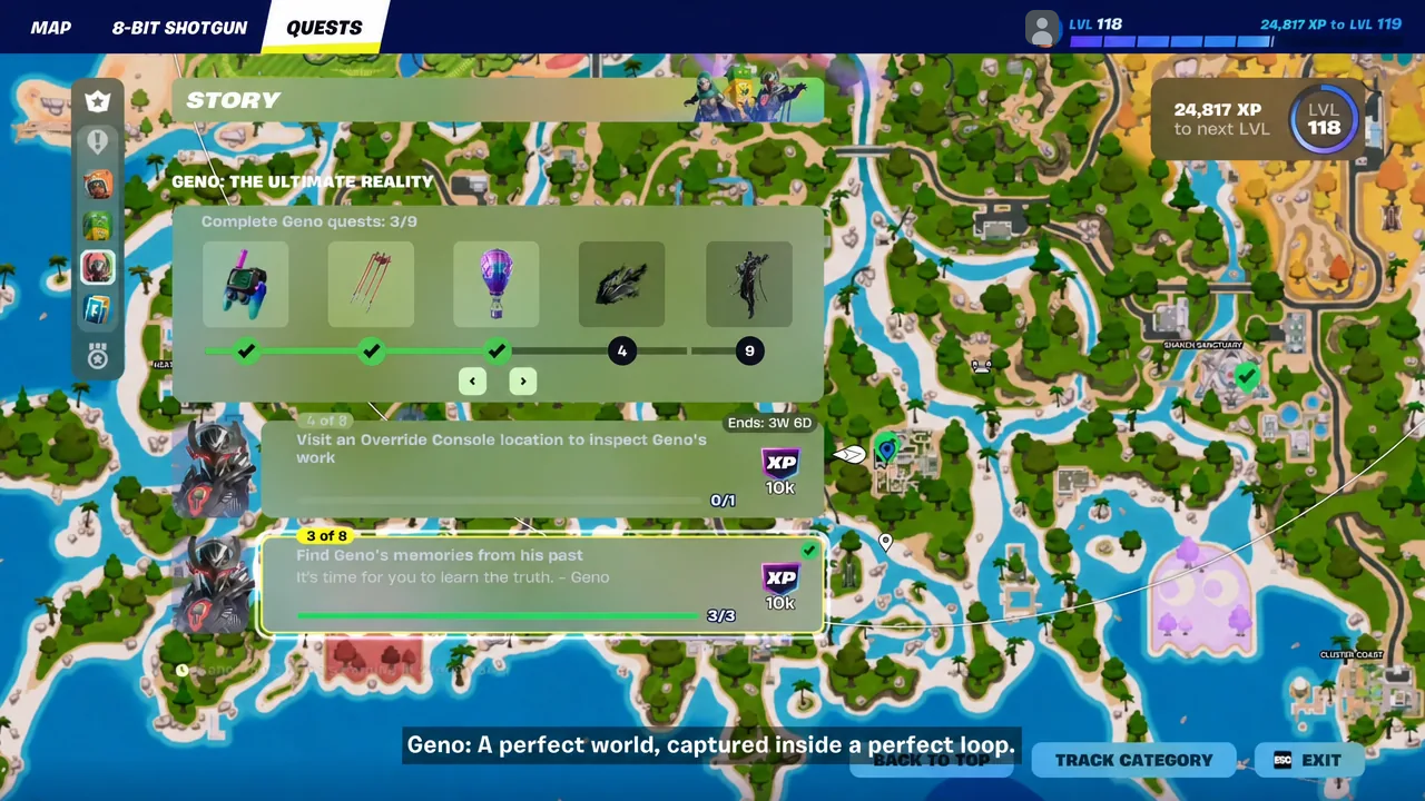 Story tab showing the Find Geno's memories quest completed at 3 of 3