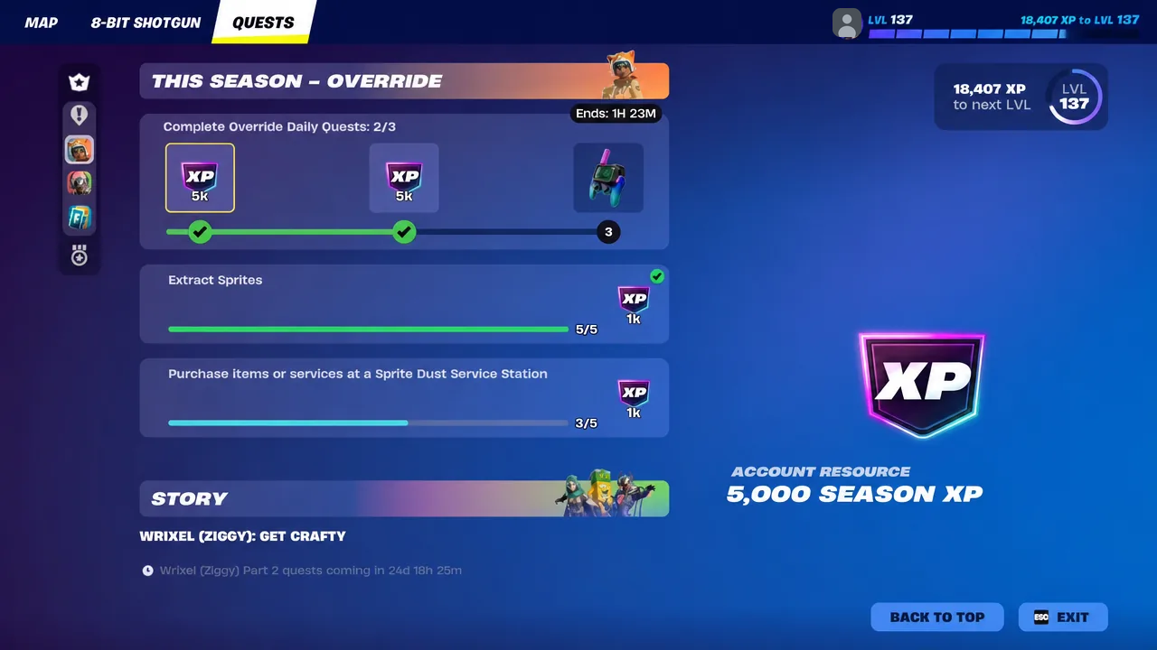 Quests screen showing Override daily quest progress with a 5K XP reward selected