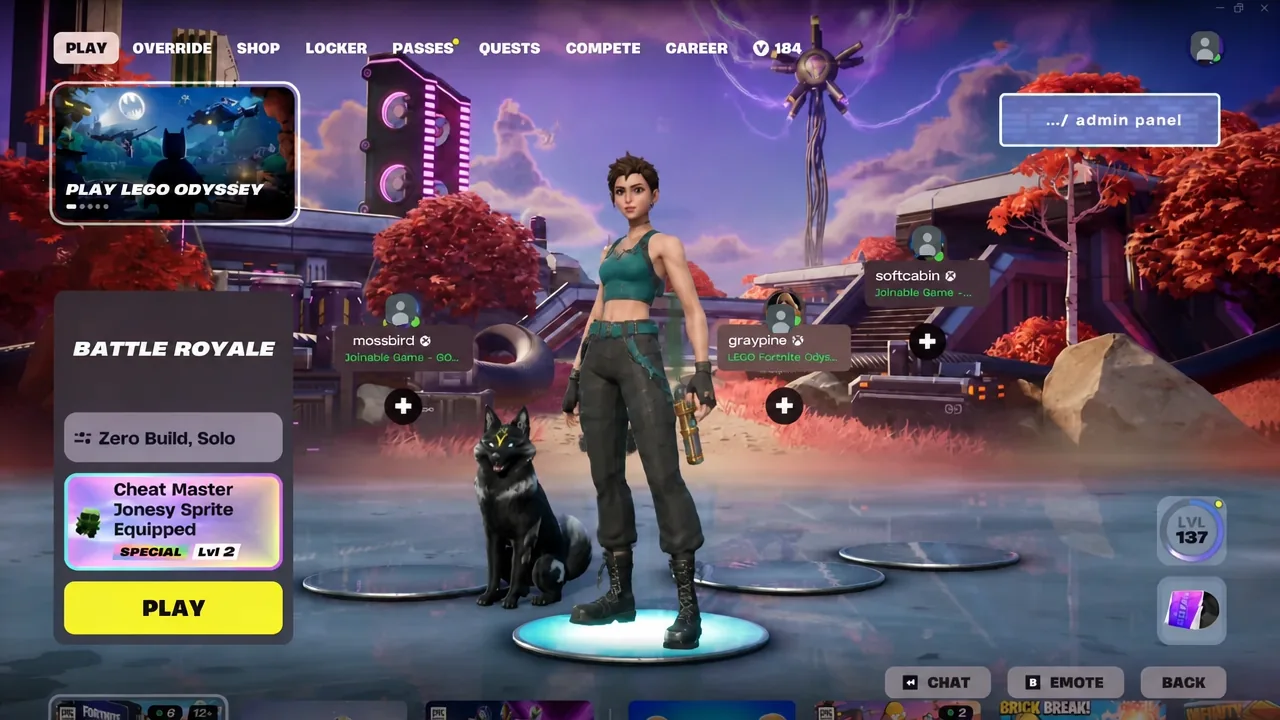 Fortnite Play screen with Battle Royale Zero Build Solo selected and the yellow Play button ready
