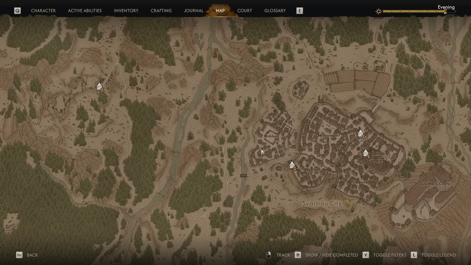 Map view centered on Svartrau City with several location markers around the settlement.
