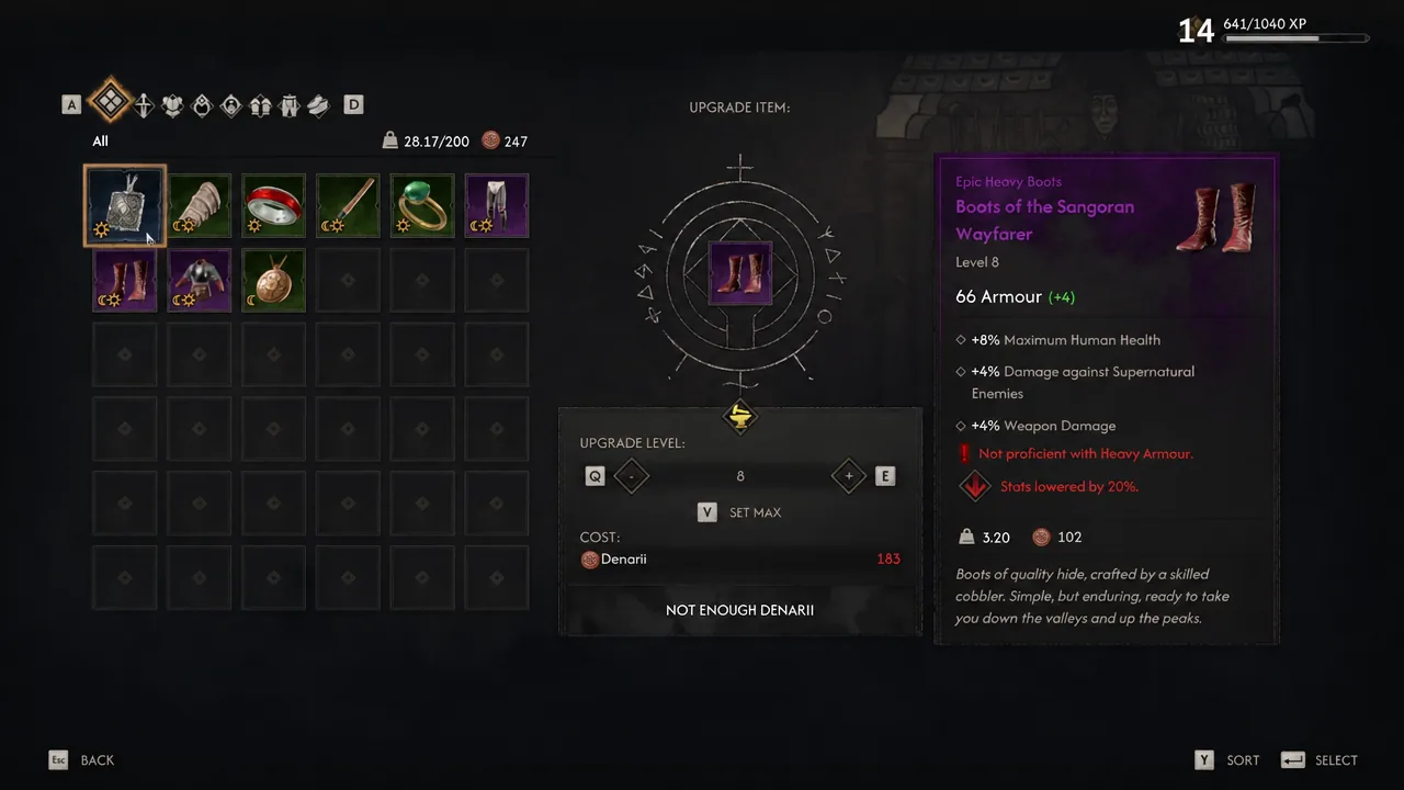 Upgrade Item screen showing a selected gear piece set to level 8 with the purchase blocked for lack of Denarii.