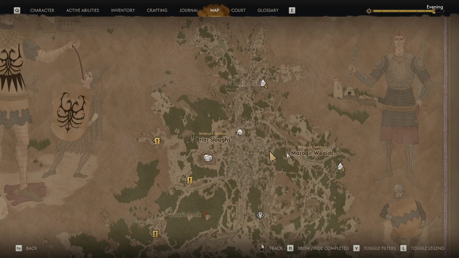 Map cursor placed over the swampy ground near the Maragir Wealds, where the witch Vera trades.