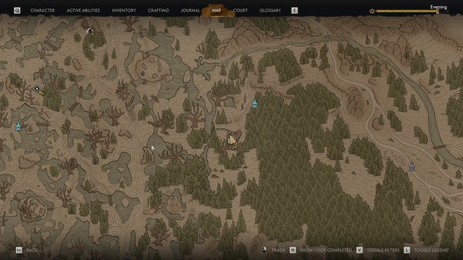 World map screen in The Blood of Dawnwalker with the cursor hovering over a forested area and fast-travel markers visible.