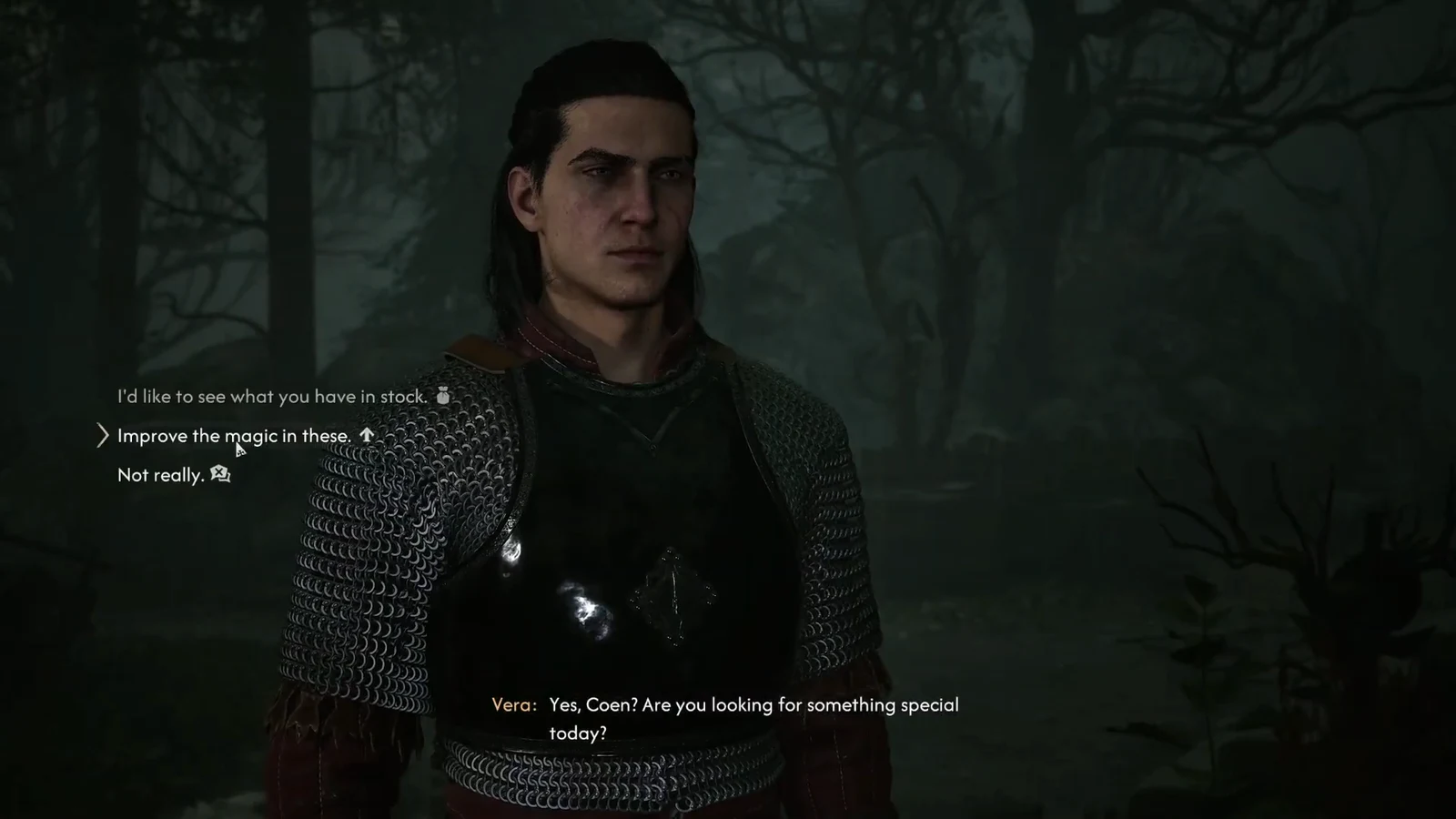 Dialogue wheel with the option "Improve the magic in these" highlighted during a conversation with a witch.