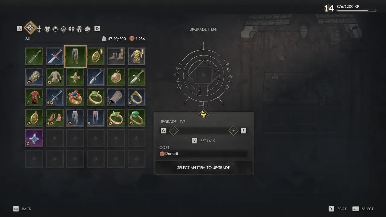 Upgrade Item screen with a trouser piece highlighted in the equipment list