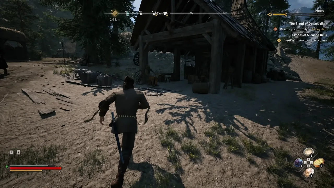 Coen walking through a village at dusk with the quest tracker visible in the corner