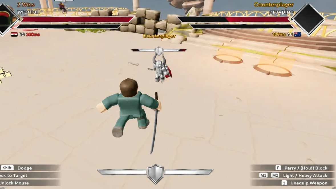 Player dodging forward toward an armored opponent in a Dueling Grounds arena