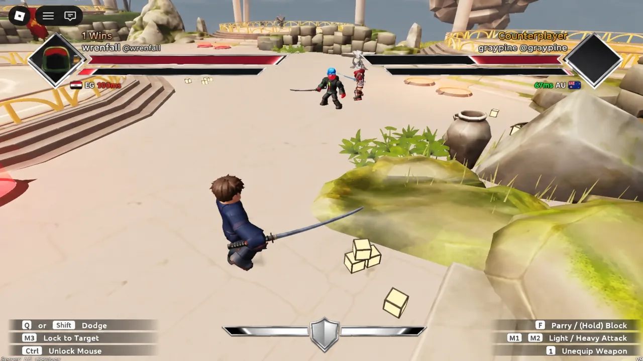 Katana duel in progress with the parry, block, dodge, and attack prompts visible