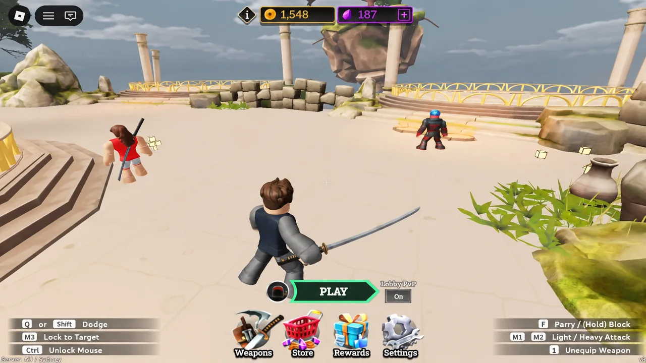 The PLAY button highlighted in the Dueling Grounds lobby before queueing for a duel