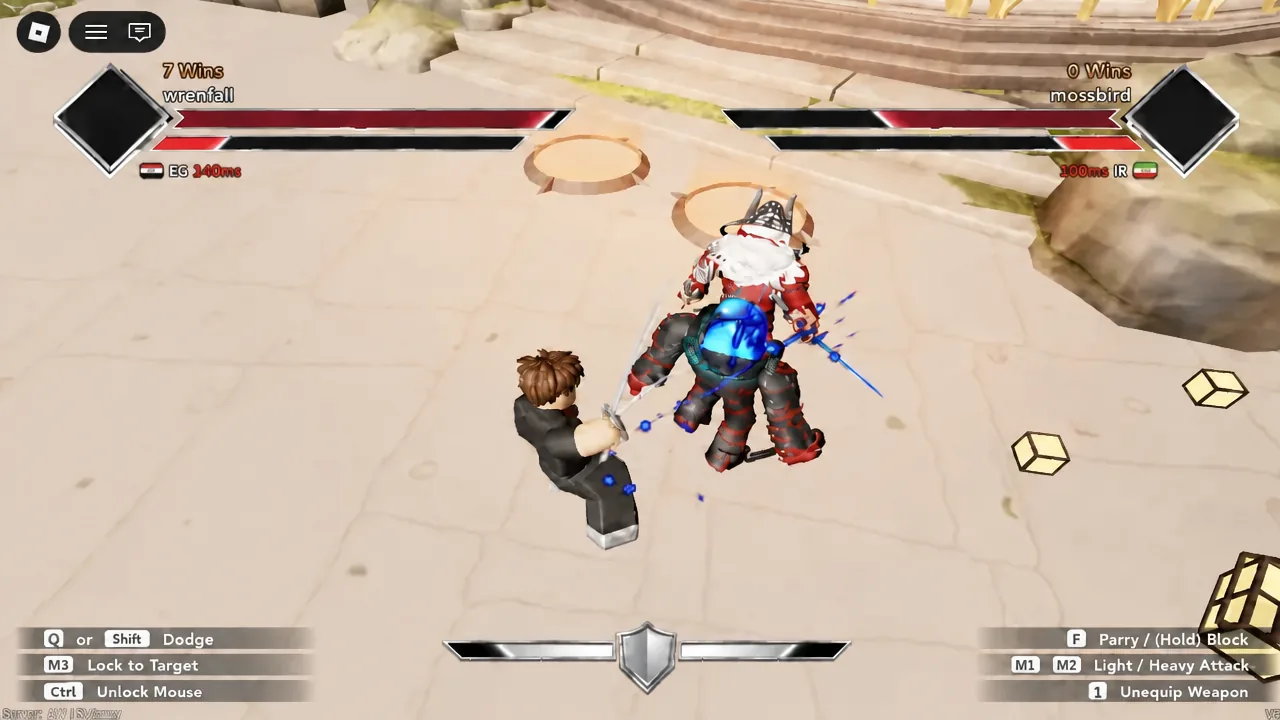 Katana strike connecting on an opponent with health bars and attack prompts on screen