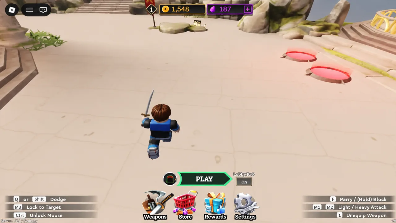 Dueling Grounds lobby with the PLAY button highlighted and LobbyPvP switched on